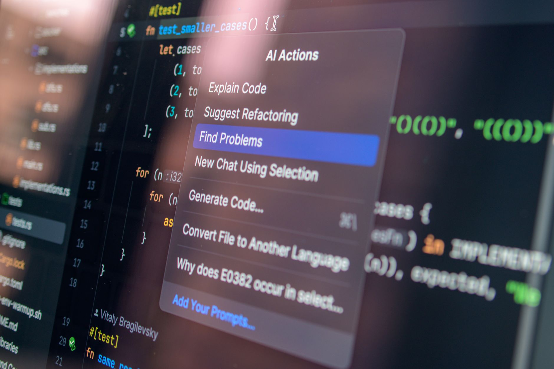 A developer typing code in an editor while an AI assistant panel suggests changes.